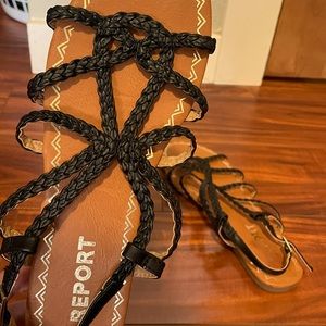 Black braided strap sandals, adjustable buckle